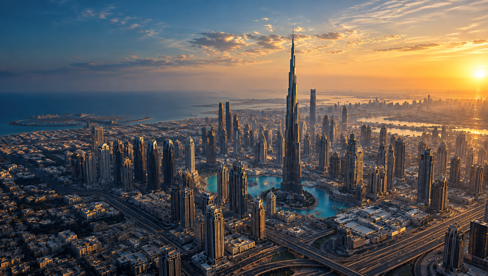 Aerial view of Dubai at sunset